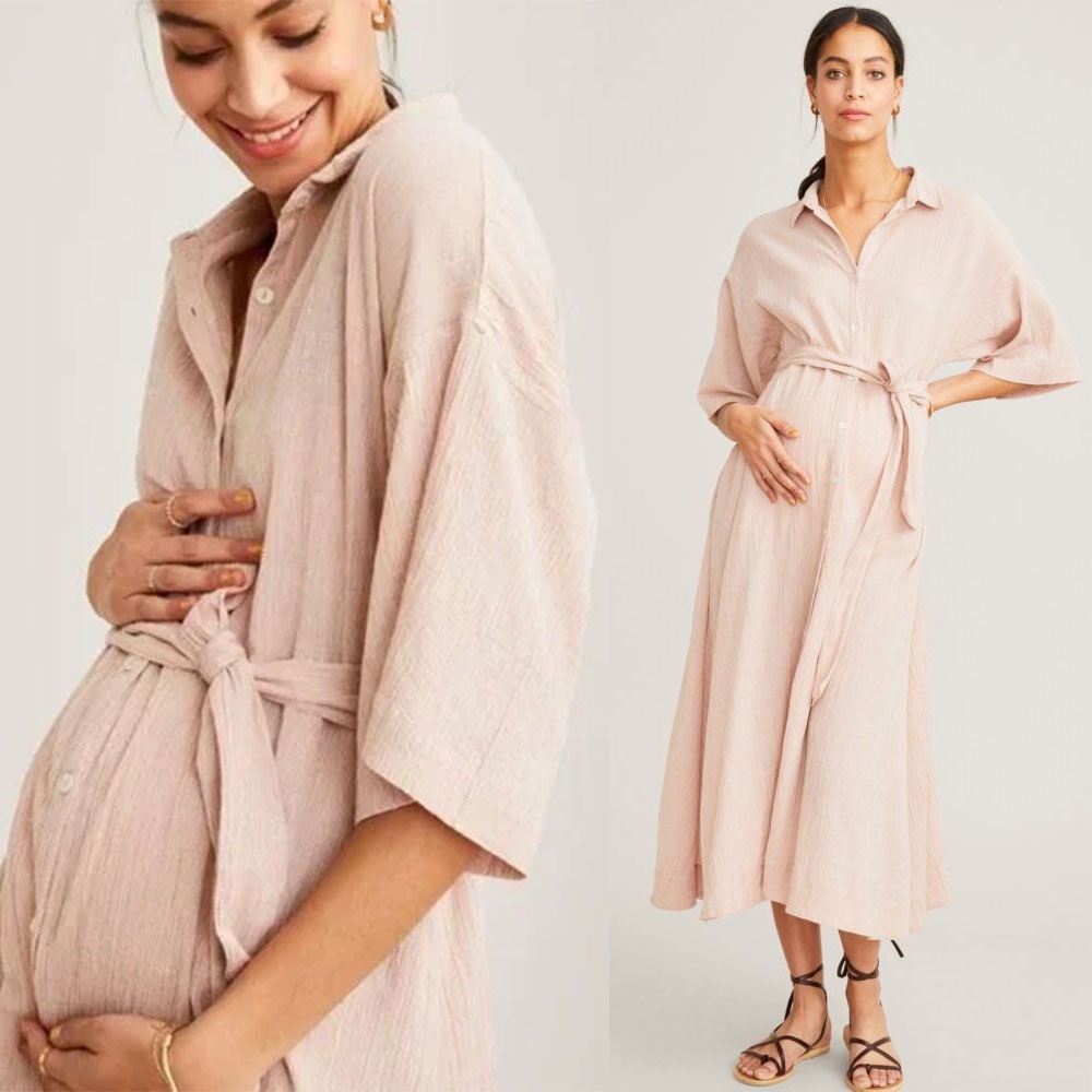 Hatch - The Elsa Gaze Cotton Shirt Button Down Dress - Women's Pink Maxi Dress